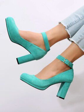 NEW! Faux Suede Chunky Heel Buckle Ankle Strap Pumps